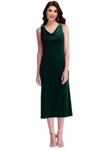 Wholesale Stretch Velvet Cowl Neck V-Back Sheath Dark Green Evening Dress UK