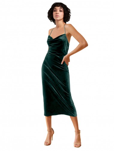 Wholesale Stretch Velvet Cowl Neck Open Back Sheath Dark Green Evening Dress UK