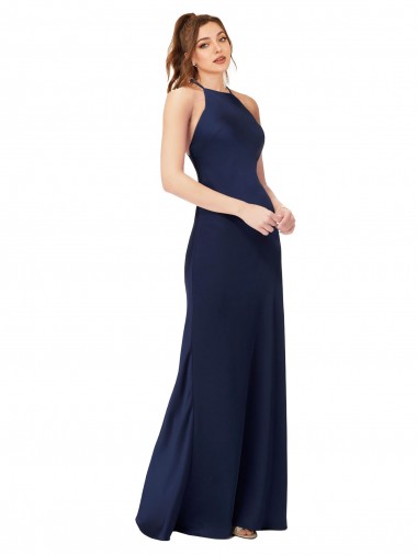 Wholesale Silky Satin High Neck Open Back Sheath Sapphire Formal Evening Dress UK