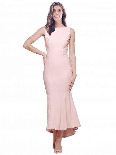 Wholesale Stretch Crepe High Neck Low Back Sheath Pink High Low Evening Dress UK