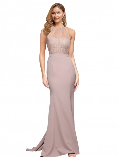 Wholesale Stretch Crepe High Neck Sheath Dusty Pink Formal Evening Dress UK