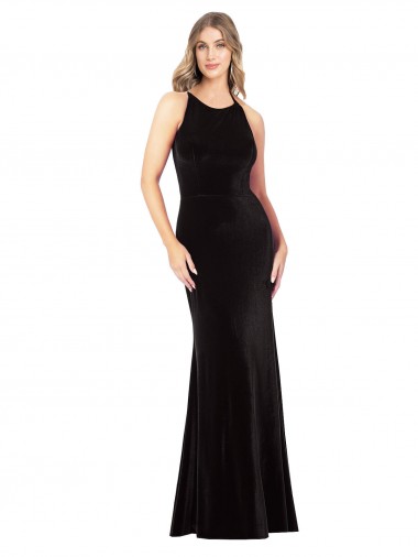 Wholesale Stretch Velvet Jewel Neck Open Back Sheath Black Formal Evening Dress UK