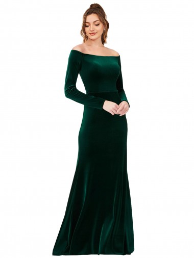 Wholesale Stretch Velvet Off the Shoulder Sheath Dark Green Formal Evening Dress UK