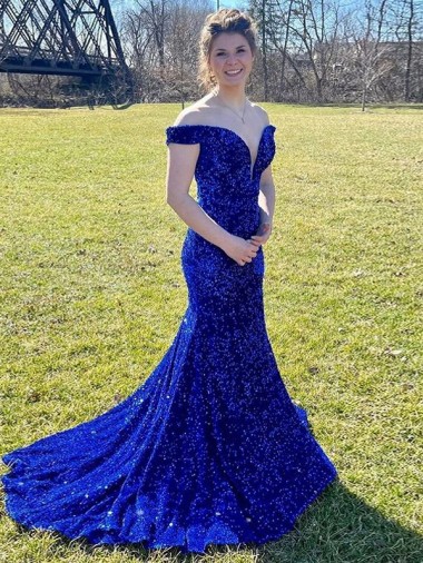 Wholesale Velvet Sequin Off the Shoulder Sheath Royal Blue Evening Dress UK