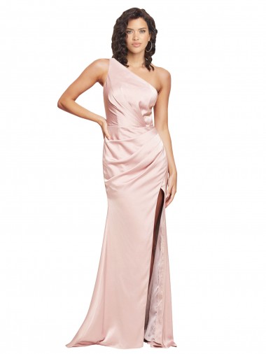 Wholesale Silky Satin One Shoulder Low Back Sheath Pink Formal Evening Dress UK