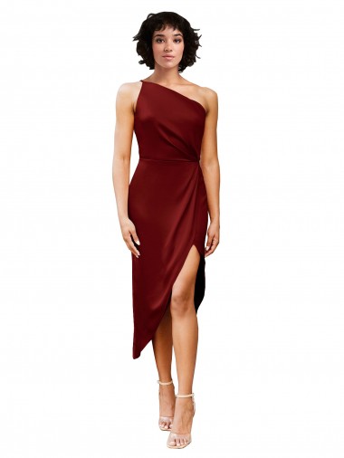 Wholesale Stretch Satin One Shoulder Sheath Burgundy Black Tie Evening Dress UK