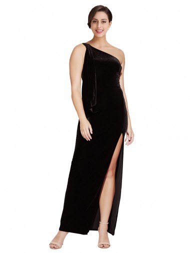 Wholesale Stretch Velvet One Shoulder Sheath Black Formal Evening Dress UK