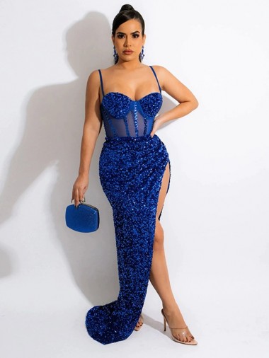 Wholesale Velvet Sequin Spaghetti Straps Sheath Royal Blue Evening Gown UK