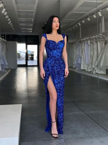 Wholesale Velvet Sequin Spaghetti Straps Sheath Royal Blue Evening Gowns UK