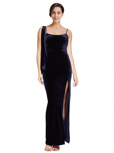 Wholesale Stretch Velvet Square Neck Low Back Sheath Dark Navy Formal Evening Dress UK