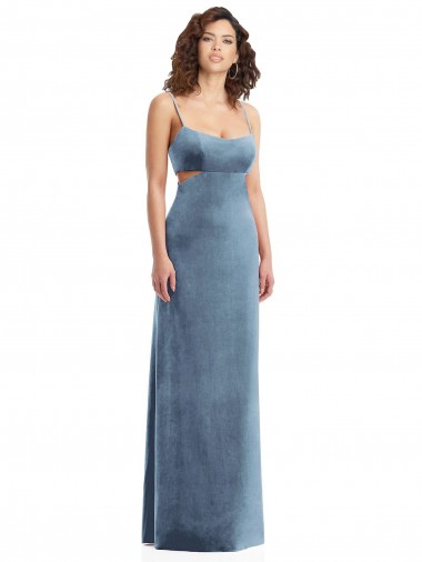 Wholesale Stretch Velvet Square Neck Low Back Sheath Dusty Blue Formal Evening Dress UK