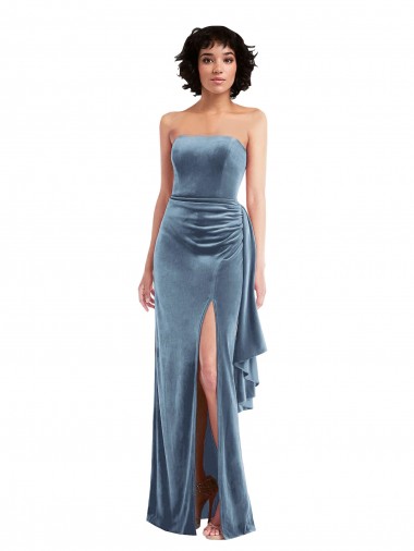 Wholesale Stretch Velvet Strapless Low Back Sheath Dusty Blue Formal Evening Dress UK