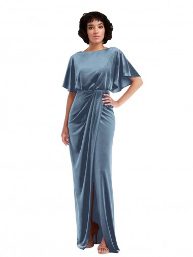 Wholesale Stretch Velvet Open Back Sheath Dusty Blue Semi Formal Evening Dress UK