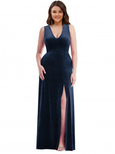 Wholesale Stretch Velvet V-Neck Sheath Dark Navy Plus Size Formal Evening Dress UK