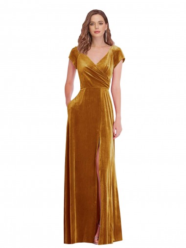 Wholesale Stretch Velvet V-Neck Sheath Gold Formal Evening Dress UK