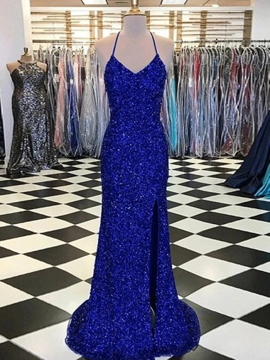 Wholesale Velvet Sequin V-Neck Sheath Royal Blue Long Evening Dresses UK