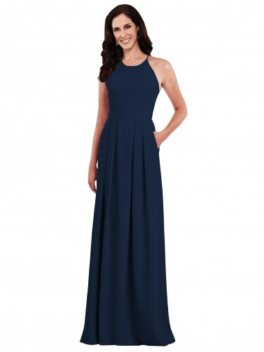 Wholesale Stretch Crepe Halter Neck Open Back Trumpet Dark Navy Semi Formal Evening Dress UK