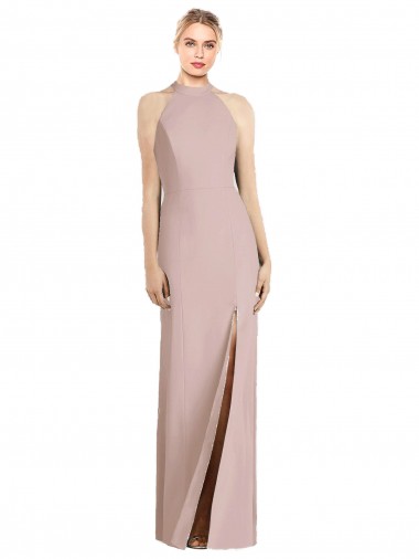 Wholesale Stretch Crepe Halter Neck Open Back Trumpet Dusty Pink Semi Formal Evening Dress UK