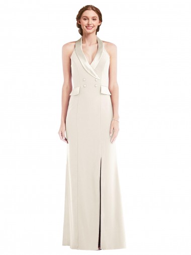 Wholesale Stretch Crepe Halter Neck Low Back Trumpet Ivory Semi Formal Evening Dress UK