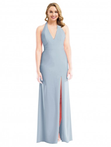 Wholesale Stretch Crepe Halter Neck Open Back Trumpet Light Sky Blue Evening Gown UK