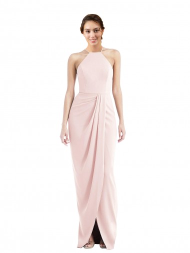 Wholesale Stretch Crepe Halter Neck Trumpet Pink Semi Formal Evening Dress UK