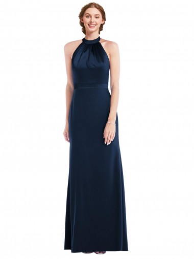 Wholesale Stretch Crepe High Neck Open Back Trumpet Dark Navy Semi Formal Evening Dress UK