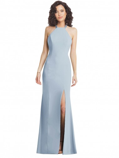 Wholesale Stretch Crepe High Neck Open Back Trumpet Light Sky Blue Formal Evening Gown UK