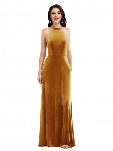 Wholesale Stretch Velvet High Neck Keyhole Back Trumpet Gold Semi Formal Evening Dress UK