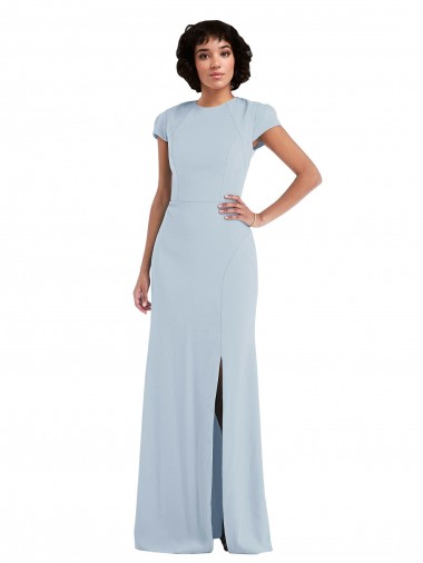 Wholesale Stretch Crepe Jewel Neck Keyhole Back Trumpet Light Sky Blue Semi Formal Evening Dress UK