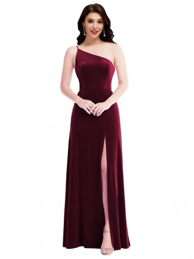 Wholesale Stretch Velvet One Shoulder Trumpet Burgundy Black Tie Evening Dress UK