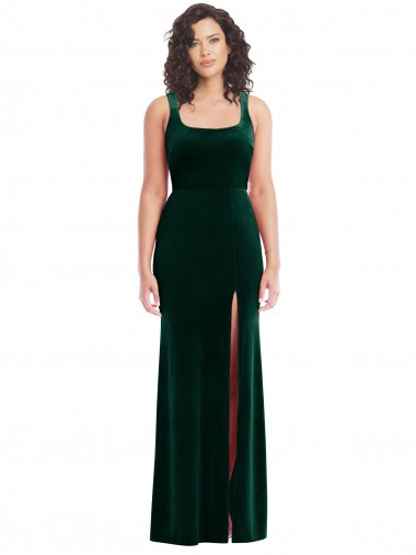 Wholesale Stretch Velvet Square Neck Trumpet Dark Green Semi Formal Evening Dress UK