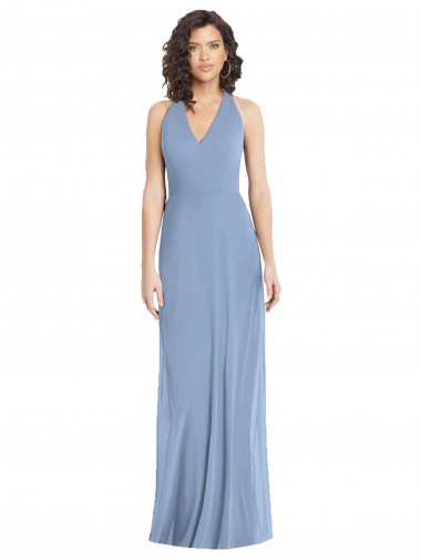 Wholesale Soft Chiffon V-Neck Open Back Trumpet Dusty Blue Formal Evening Dress UK