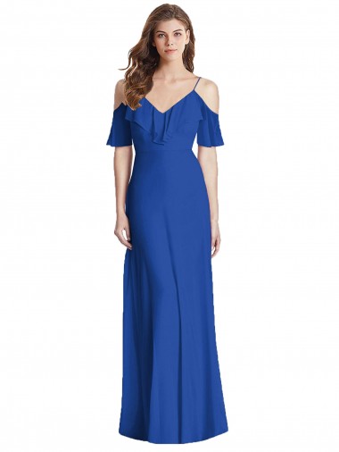 Wholesale Soft Chiffon V-Neck V-Back Trumpet Royal Blue Semi Formal Evening Dress UK