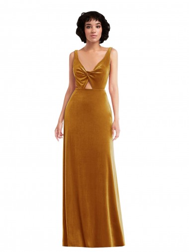 Wholesale Stretch Velvet V-Neck V-Back Trumpet Gold Semi Formal Evening Dress UK